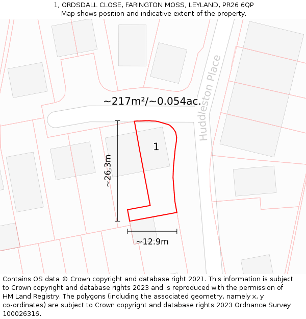 1, ORDSDALL CLOSE, FARINGTON MOSS, LEYLAND, PR26 6QP: Plot and title map