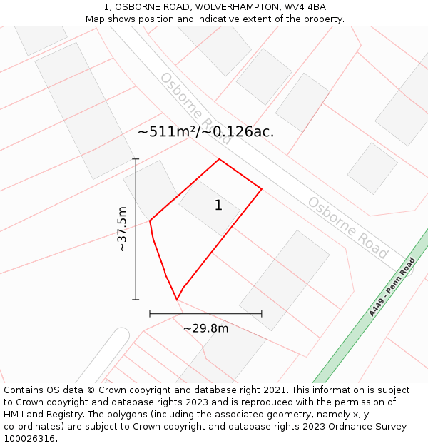 1, OSBORNE ROAD, WOLVERHAMPTON, WV4 4BA: Plot and title map