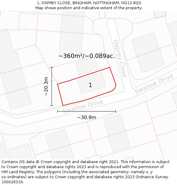 1, OSPREY CLOSE, BINGHAM, NOTTINGHAM, NG13 8QG: Plot and title map