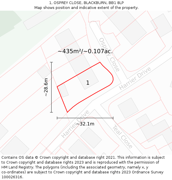 1, OSPREY CLOSE, BLACKBURN, BB1 8LP: Plot and title map