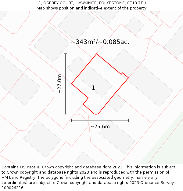 1, OSPREY COURT, HAWKINGE, FOLKESTONE, CT18 7TH: Plot and title map