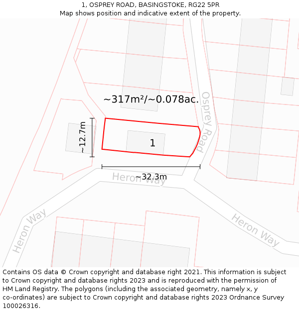 1, OSPREY ROAD, BASINGSTOKE, RG22 5PR: Plot and title map