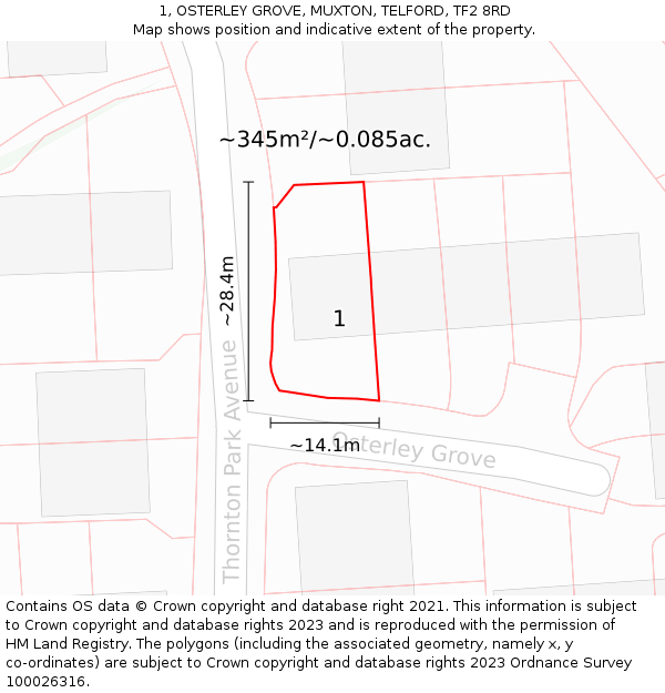 1, OSTERLEY GROVE, MUXTON, TELFORD, TF2 8RD: Plot and title map