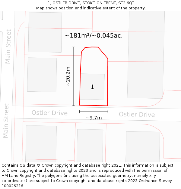 1, OSTLER DRIVE, STOKE-ON-TRENT, ST3 6QT: Plot and title map