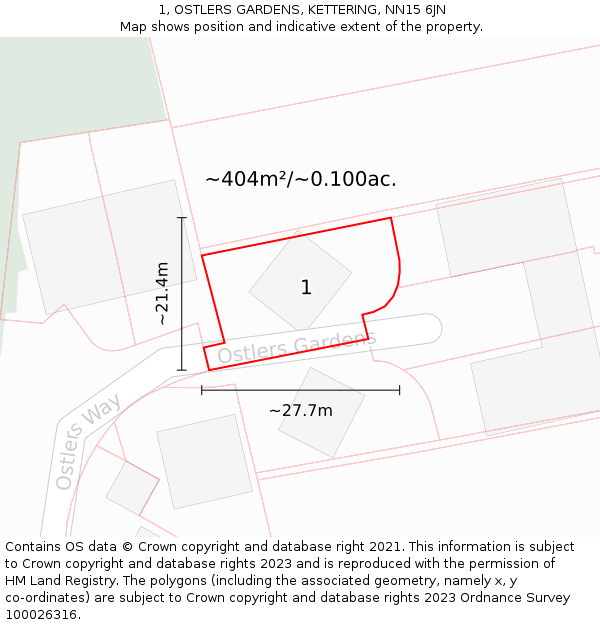 1, OSTLERS GARDENS, KETTERING, NN15 6JN: Plot and title map