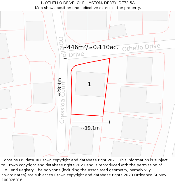 1, OTHELLO DRIVE, CHELLASTON, DERBY, DE73 5AJ: Plot and title map