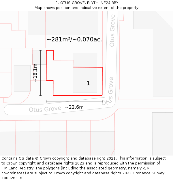 1, OTUS GROVE, BLYTH, NE24 3RY: Plot and title map