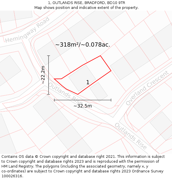 1, OUTLANDS RISE, BRADFORD, BD10 9TR: Plot and title map