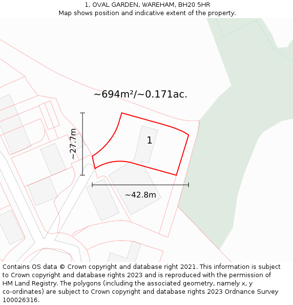 1, OVAL GARDEN, WAREHAM, BH20 5HR: Plot and title map