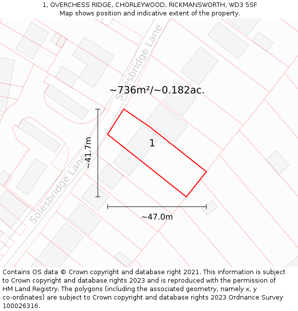 1, OVERCHESS RIDGE, CHORLEYWOOD, RICKMANSWORTH, WD3 5SF: Plot and title map