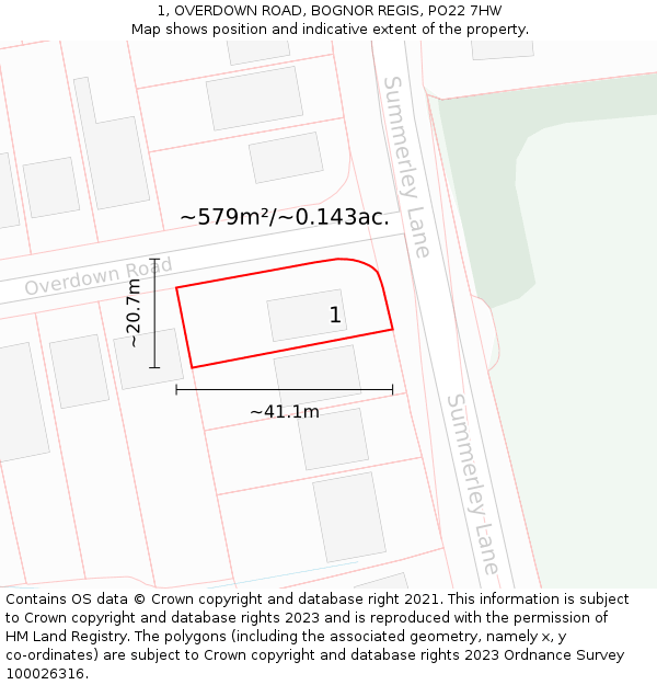1, OVERDOWN ROAD, BOGNOR REGIS, PO22 7HW: Plot and title map