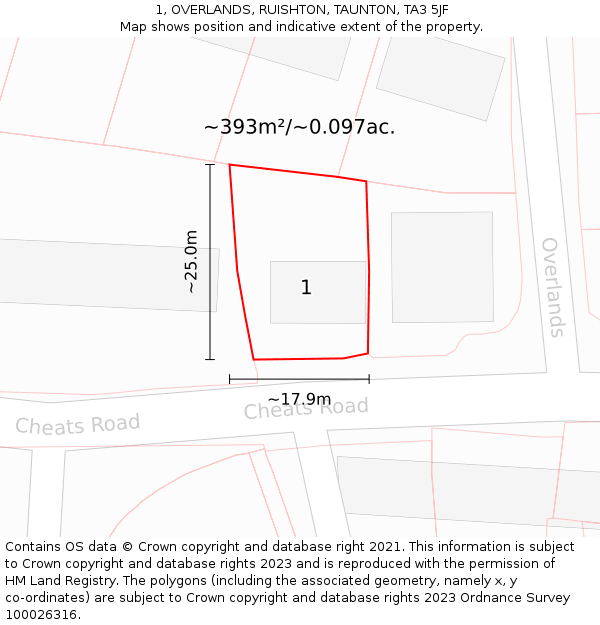 1, OVERLANDS, RUISHTON, TAUNTON, TA3 5JF: Plot and title map