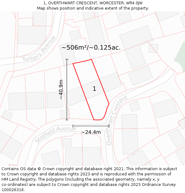 1, OVERTHWART CRESCENT, WORCESTER, WR4 0JW: Plot and title map