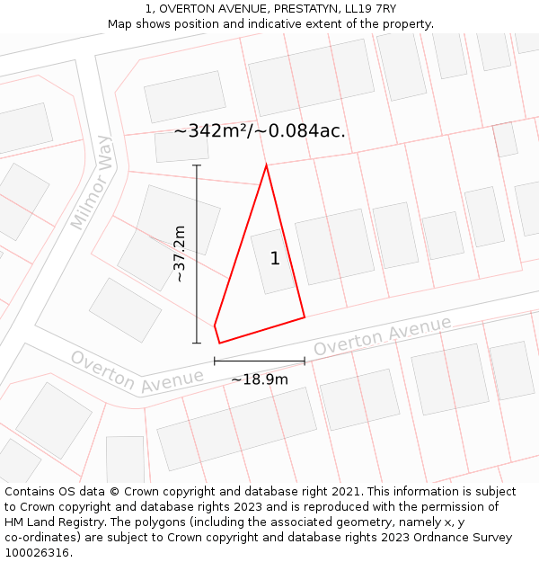 1, OVERTON AVENUE, PRESTATYN, LL19 7RY: Plot and title map