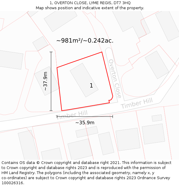 1, OVERTON CLOSE, LYME REGIS, DT7 3HQ: Plot and title map