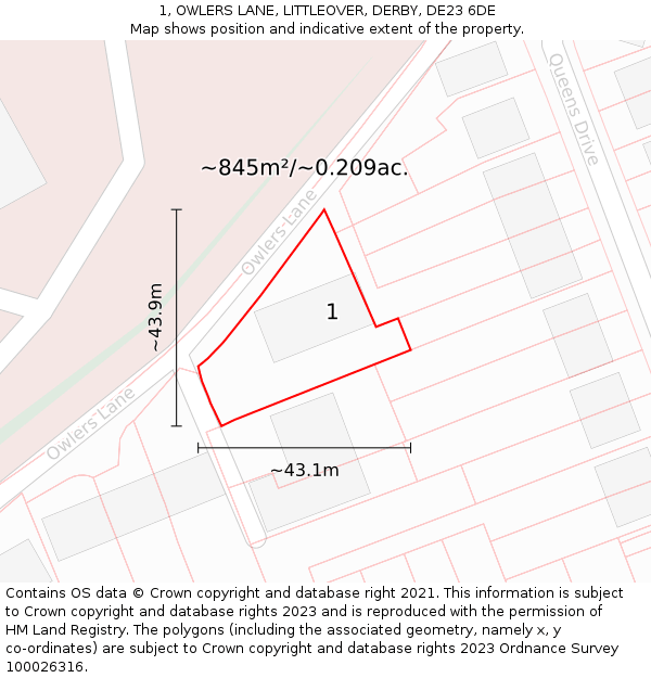 1, OWLERS LANE, LITTLEOVER, DERBY, DE23 6DE: Plot and title map