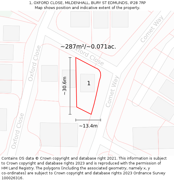 1, OXFORD CLOSE, MILDENHALL, BURY ST EDMUNDS, IP28 7RP: Plot and title map