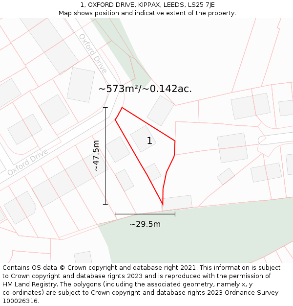 1, OXFORD DRIVE, KIPPAX, LEEDS, LS25 7JE: Plot and title map