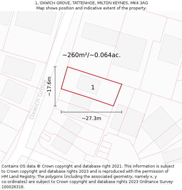 1, OXWICH GROVE, TATTENHOE, MILTON KEYNES, MK4 3AG: Plot and title map