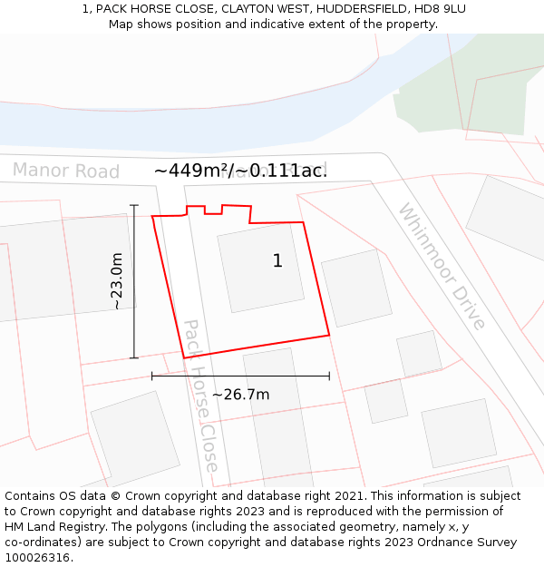 1, PACK HORSE CLOSE, CLAYTON WEST, HUDDERSFIELD, HD8 9LU: Plot and title map