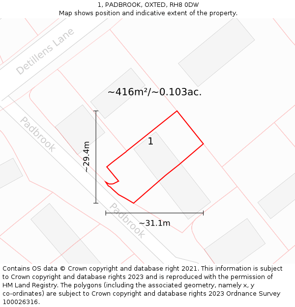 1, PADBROOK, OXTED, RH8 0DW: Plot and title map