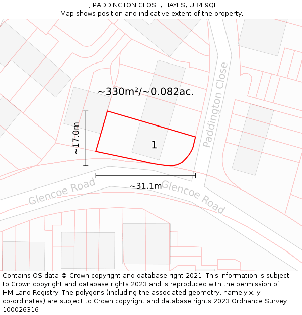 1, PADDINGTON CLOSE, HAYES, UB4 9QH: Plot and title map