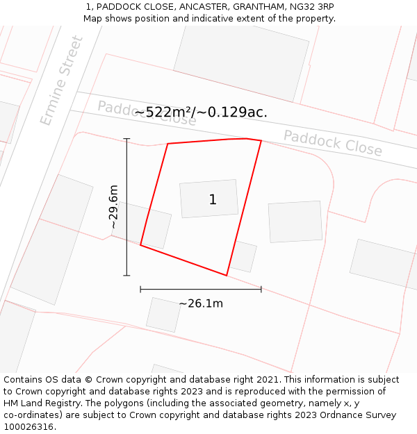 1, PADDOCK CLOSE, ANCASTER, GRANTHAM, NG32 3RP: Plot and title map