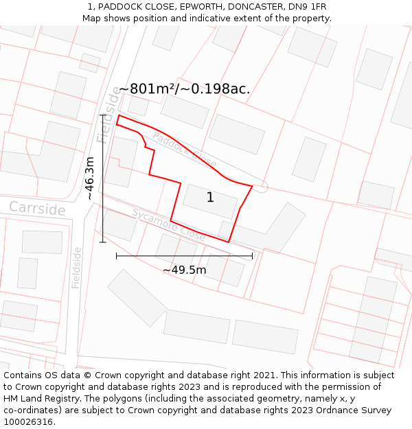 1, PADDOCK CLOSE, EPWORTH, DONCASTER, DN9 1FR: Plot and title map