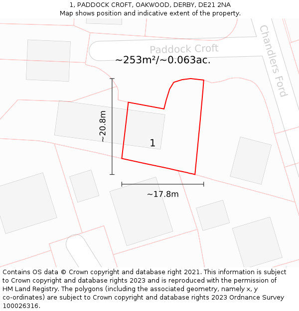 1, PADDOCK CROFT, OAKWOOD, DERBY, DE21 2NA: Plot and title map