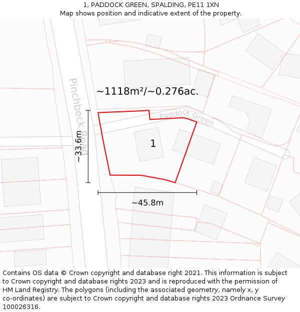 1, PADDOCK GREEN, SPALDING, PE11 1XN: Plot and title map