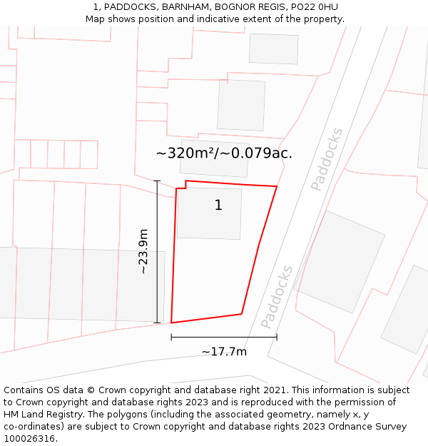 1, PADDOCKS, BARNHAM, BOGNOR REGIS, PO22 0HU: Plot and title map