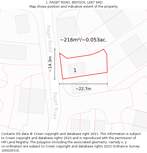 1, PAGET ROAD, IBSTOCK, LE67 6AD: Plot and title map