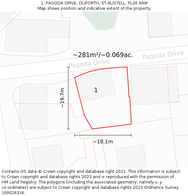 1, PAGODA DRIVE, DUPORTH, ST AUSTELL, PL26 6AW: Plot and title map