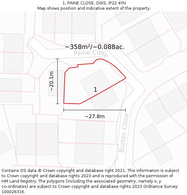 1, PAINE CLOSE, DISS, IP22 4YN: Plot and title map