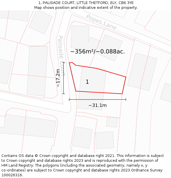 1, PALISADE COURT, LITTLE THETFORD, ELY, CB6 3YE: Plot and title map