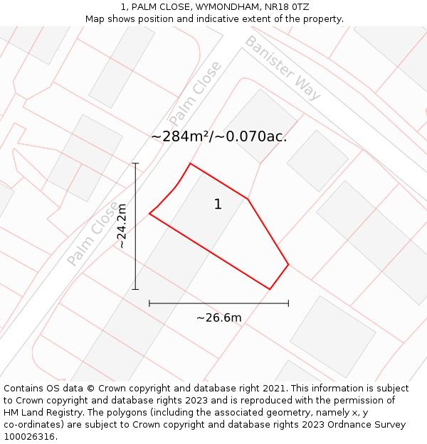 1, PALM CLOSE, WYMONDHAM, NR18 0TZ: Plot and title map