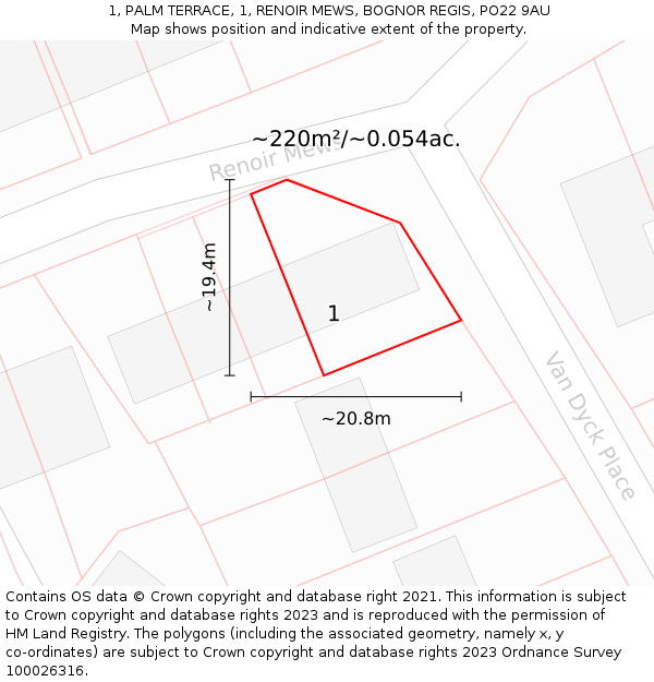 1, PALM TERRACE, 1, RENOIR MEWS, BOGNOR REGIS, PO22 9AU: Plot and title map