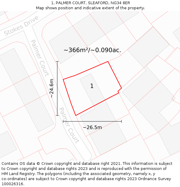 1, PALMER COURT, SLEAFORD, NG34 8ER: Plot and title map