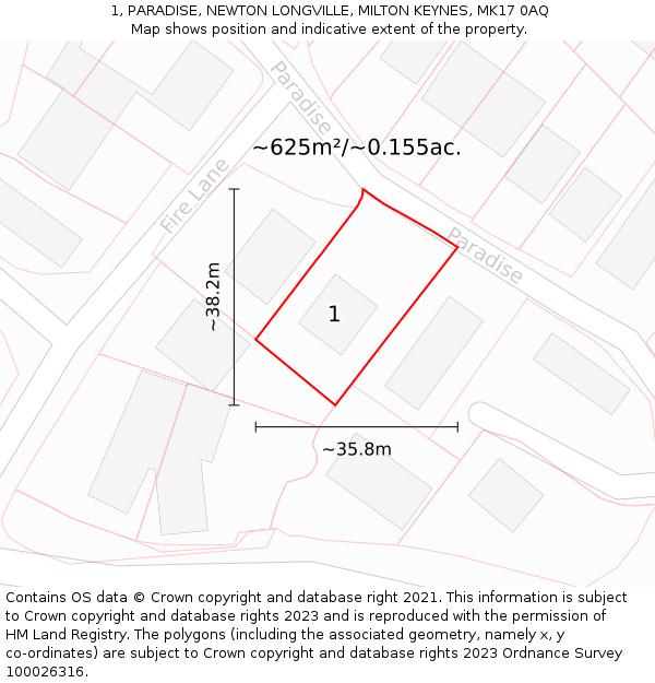 1, PARADISE, NEWTON LONGVILLE, MILTON KEYNES, MK17 0AQ: Plot and title map