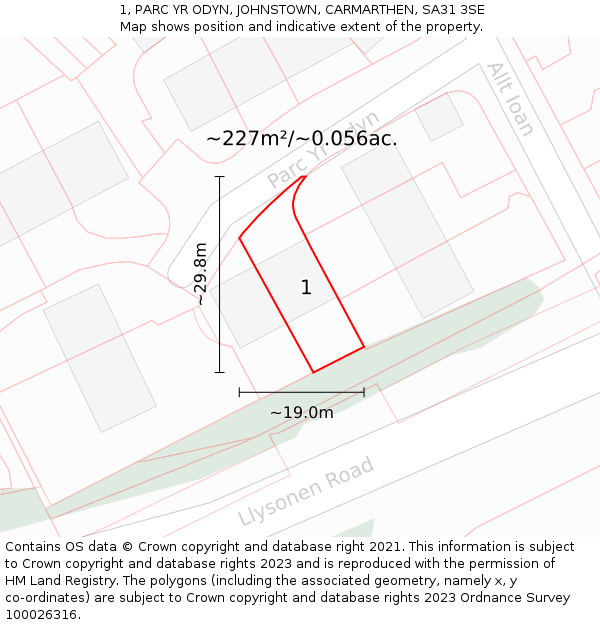 1, PARC YR ODYN, JOHNSTOWN, CARMARTHEN, SA31 3SE: Plot and title map