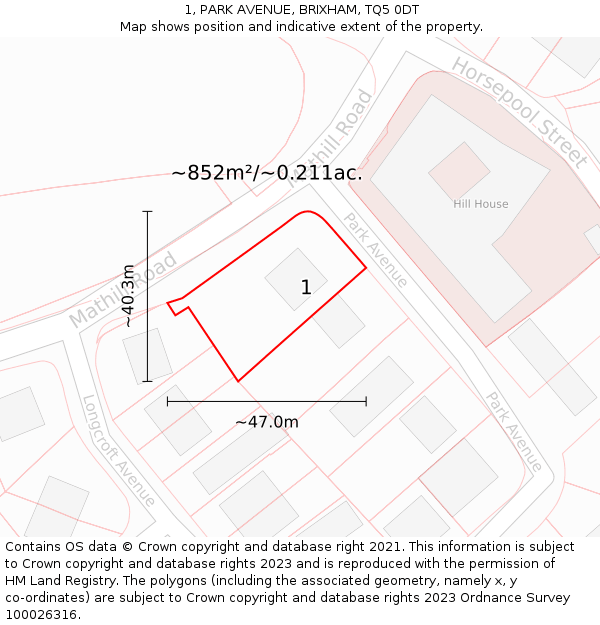 1, PARK AVENUE, BRIXHAM, TQ5 0DT: Plot and title map