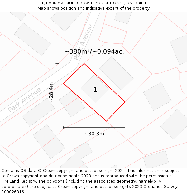 1, PARK AVENUE, CROWLE, SCUNTHORPE, DN17 4HT: Plot and title map