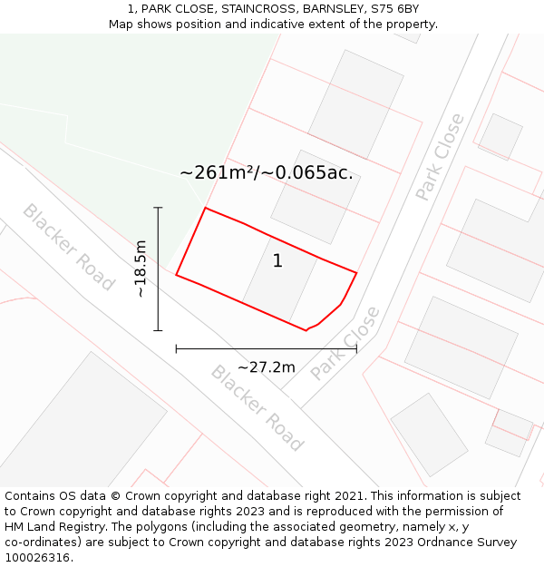 1, PARK CLOSE, STAINCROSS, BARNSLEY, S75 6BY: Plot and title map