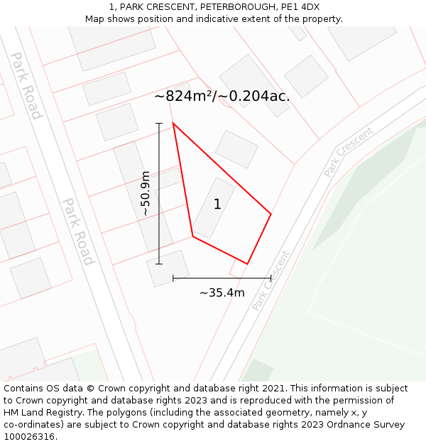 1, PARK CRESCENT, PETERBOROUGH, PE1 4DX: Plot and title map