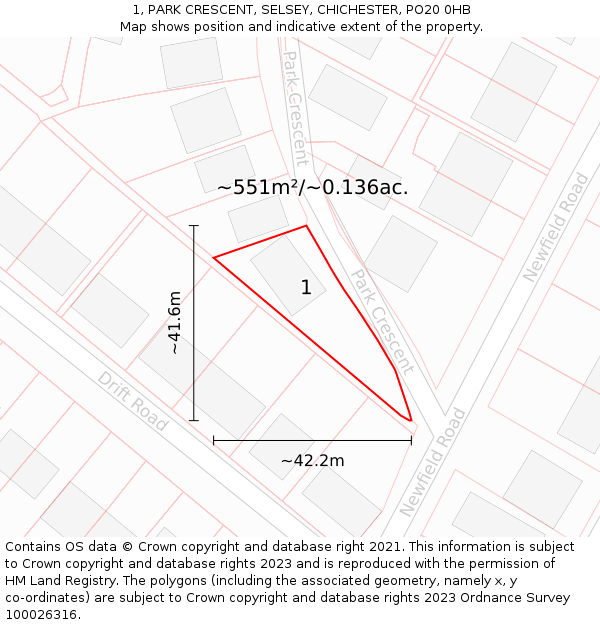 1, PARK CRESCENT, SELSEY, CHICHESTER, PO20 0HB: Plot and title map