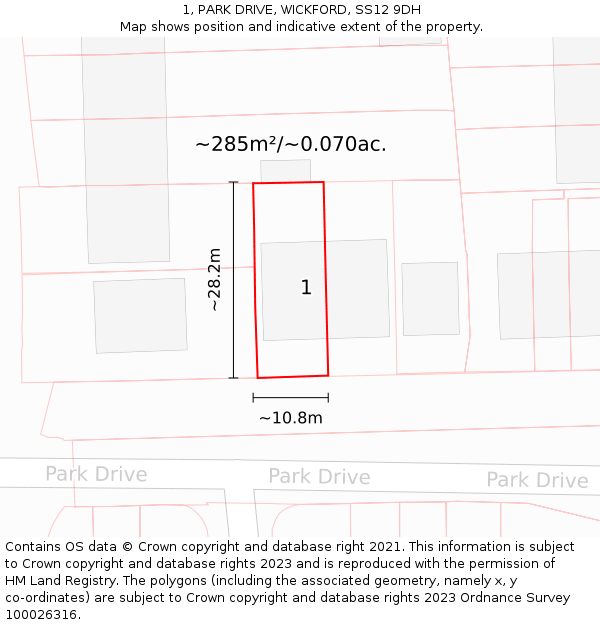 1, PARK DRIVE, WICKFORD, SS12 9DH: Plot and title map