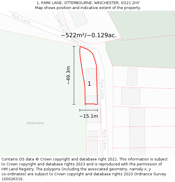 1, PARK LANE, OTTERBOURNE, WINCHESTER, SO21 2HY: Plot and title map