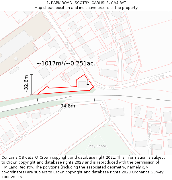 1, PARK ROAD, SCOTBY, CARLISLE, CA4 8AT: Plot and title map