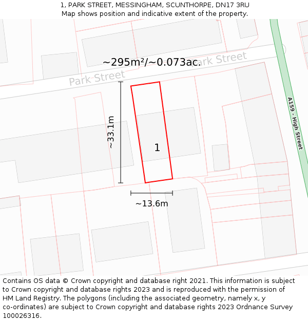 1, PARK STREET, MESSINGHAM, SCUNTHORPE, DN17 3RU: Plot and title map