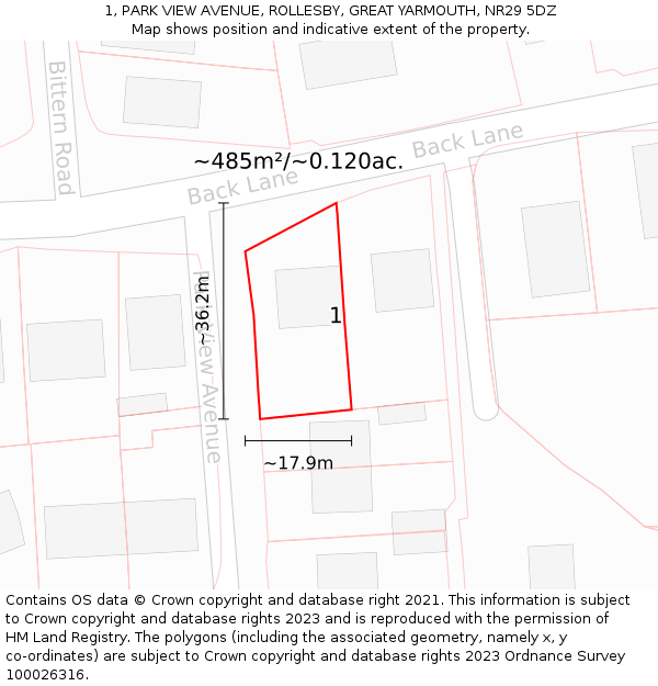 1, PARK VIEW AVENUE, ROLLESBY, GREAT YARMOUTH, NR29 5DZ: Plot and title map